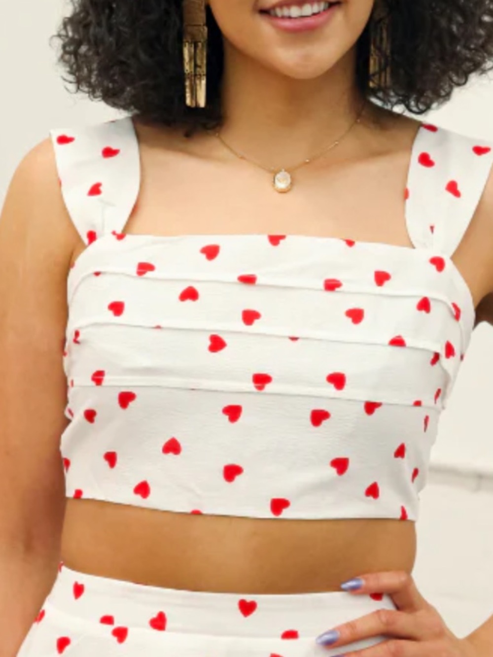 White Crop Top with Red Heart Print - XS